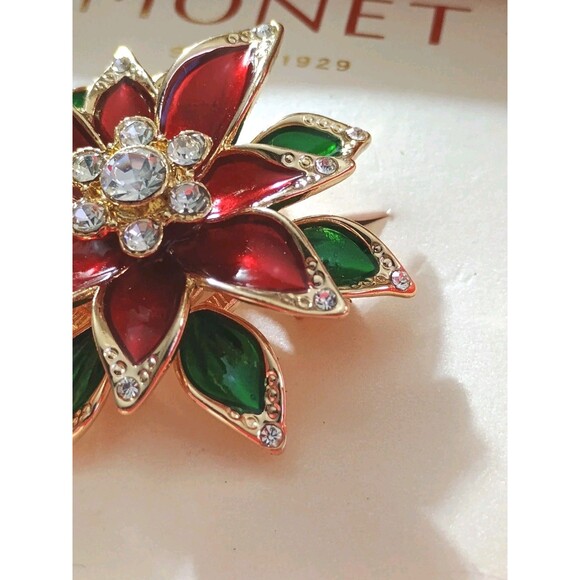Monet Poinsettia Christmas Red Green Enamel Rhinestone Gold Tone Brooch New - Picture 2 of 6